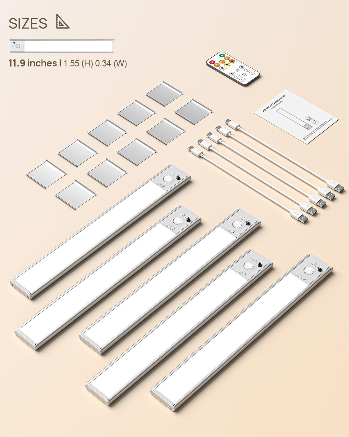 Under Cabinet Lighting with Remote, 12" Motion Sensor Light Indoor, Rechargeable LED Closet Light Wireless, 3 Color