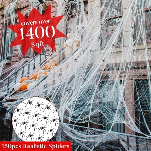 1400 sqft Halloween Spider Webs Decorations + 150 Extra Fake Spiders