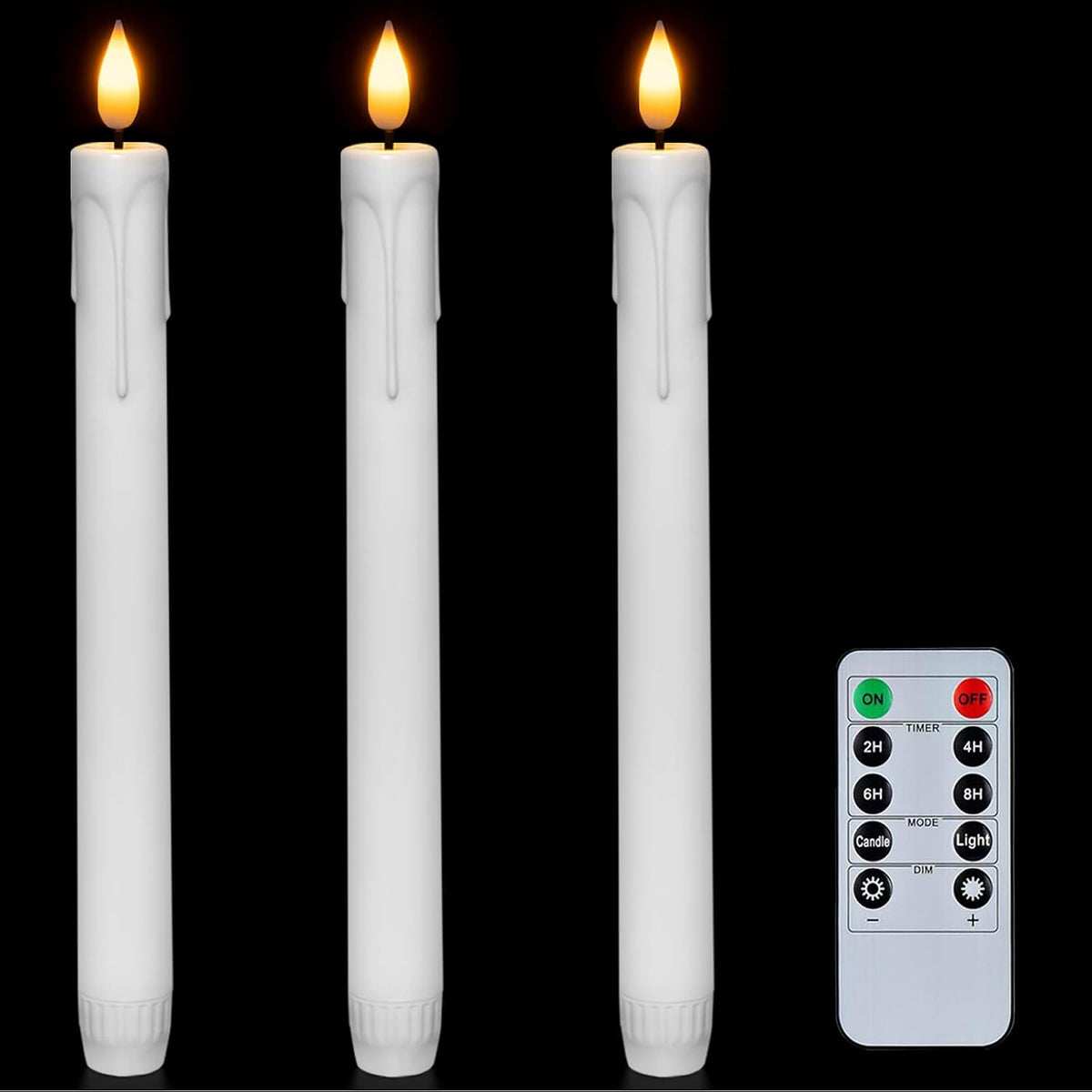 Homemory 3 Pcs Flameless Taper Candles with Remote Timer Dimmer, 9.6" White Flickering Candlesticks Battery Operated, Realistic Plastic LED Candles for Fireplace Wedding Seasonal Indoor Decorations