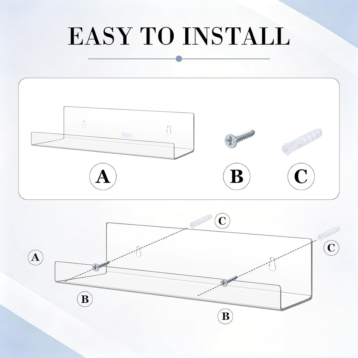 Blulu 12 Packs Multiple Sizes Acrylic Floating Shelf Wall Mounted Invisible Acrylic Shelf Ledge Floating Bookshelf for