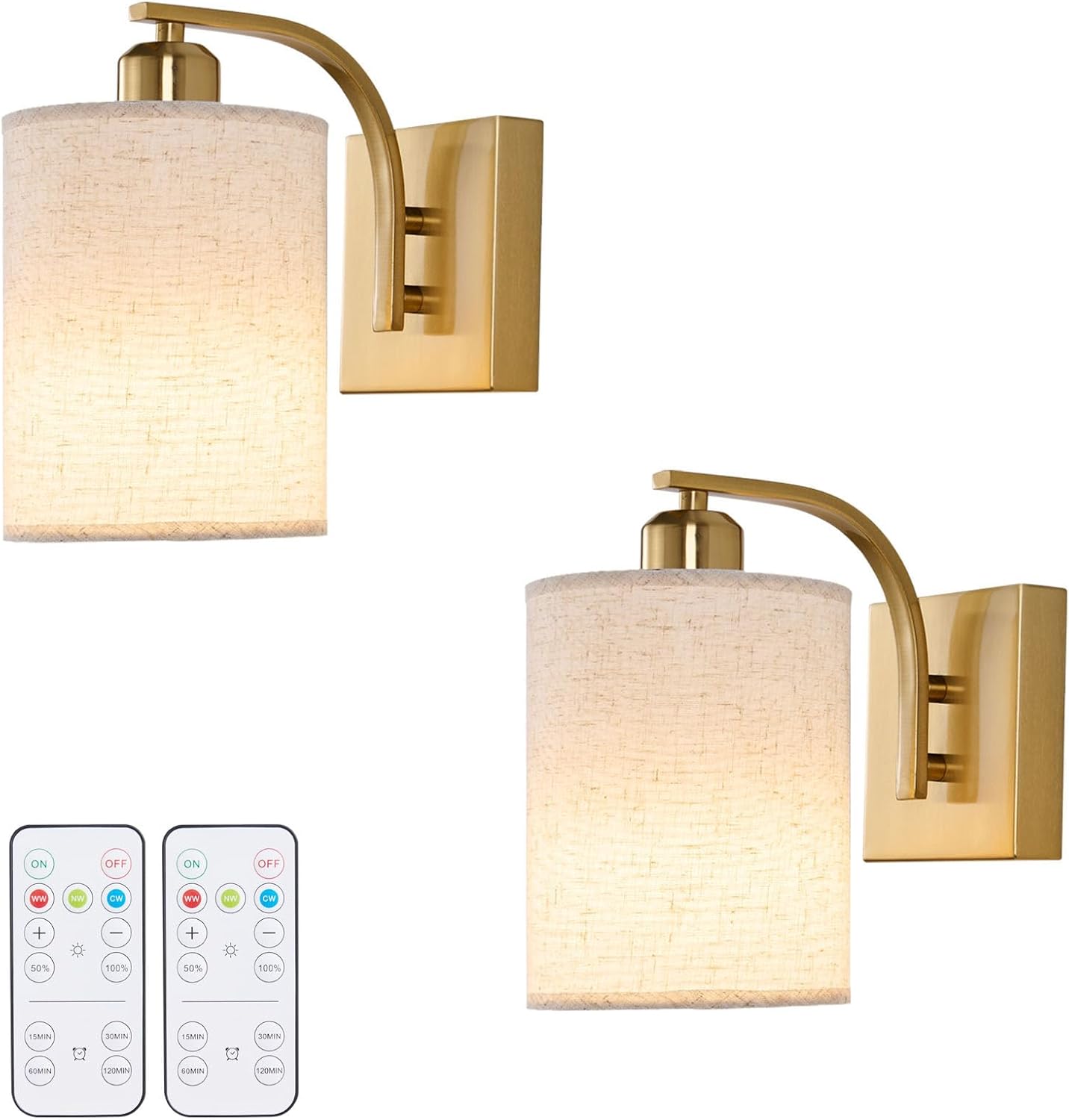 Powfloven Gold Rechargeable Wall Sconces Set of 2 with Remote, Wireless Battery Operated Dimmable LED Wall Lights