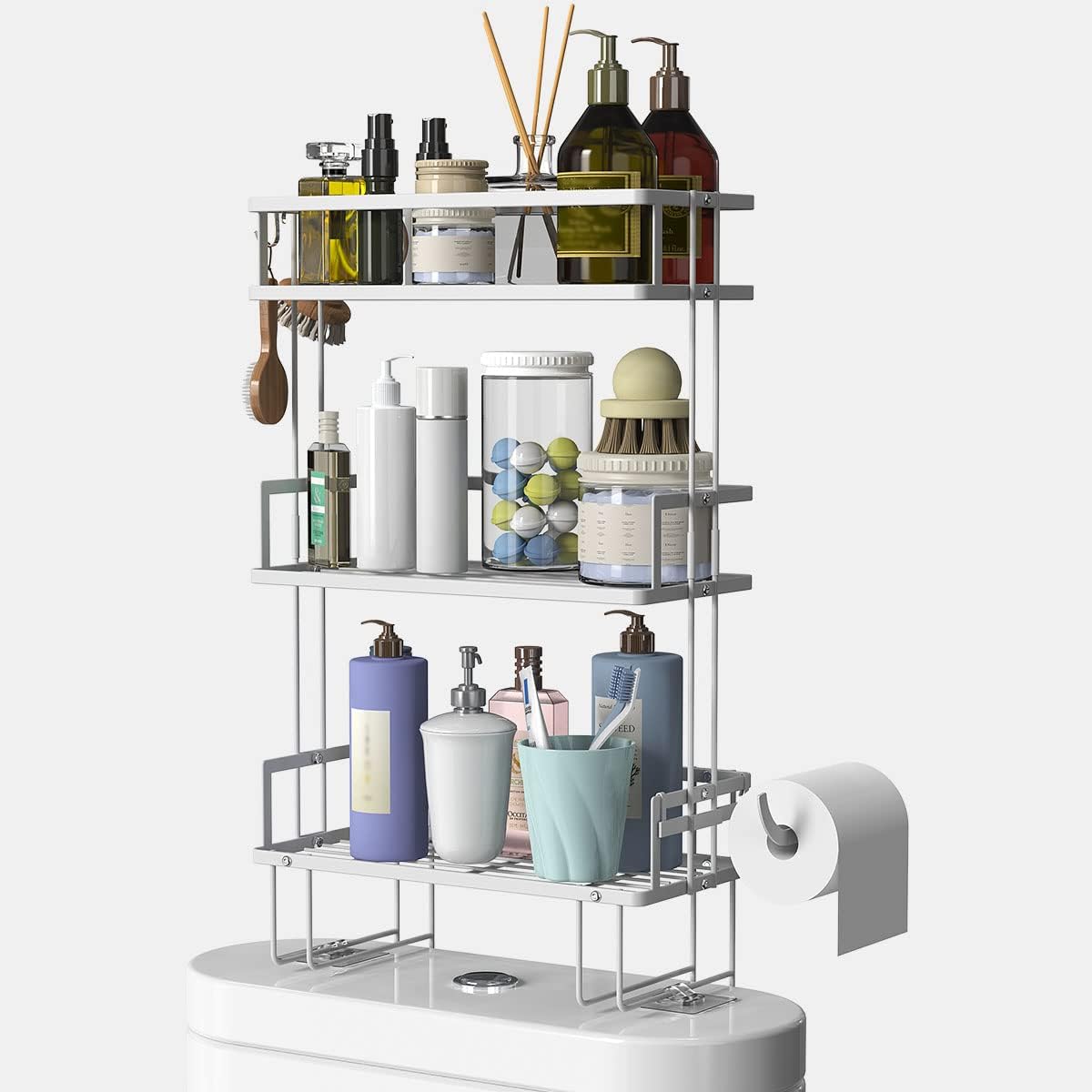 FLOLXNB Over The Toilet Storage,3-Tier Bathroom Organizer Shelves with Paper Holder, Multifunctional Toilet Rack,No