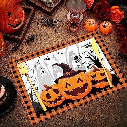 Honoson 100 Pcs Halloween Placemats Pumpkin Ghost Buffalo Plaid Paper 14x10