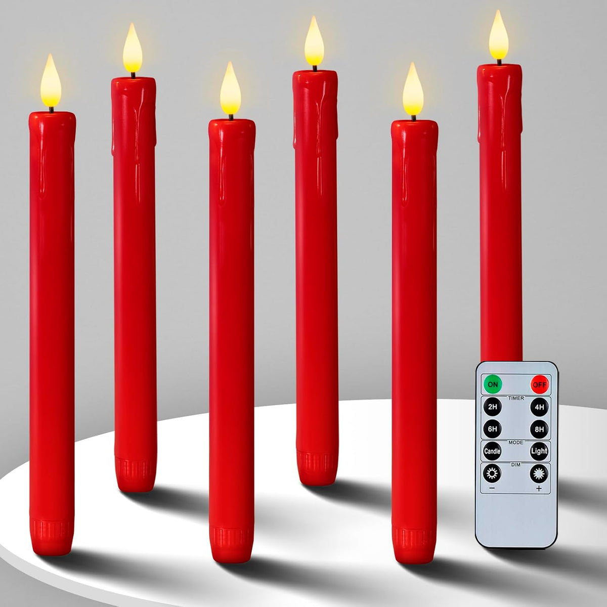Homemory 6 Pcs Flameless Taper Candles with Remote Timer Dimmer, Red Battery Operated Candlesticks Flickering, Plastic Led Taper Candles Realistic, 9.6 Inches for Party Holiday Celebrations Christmas