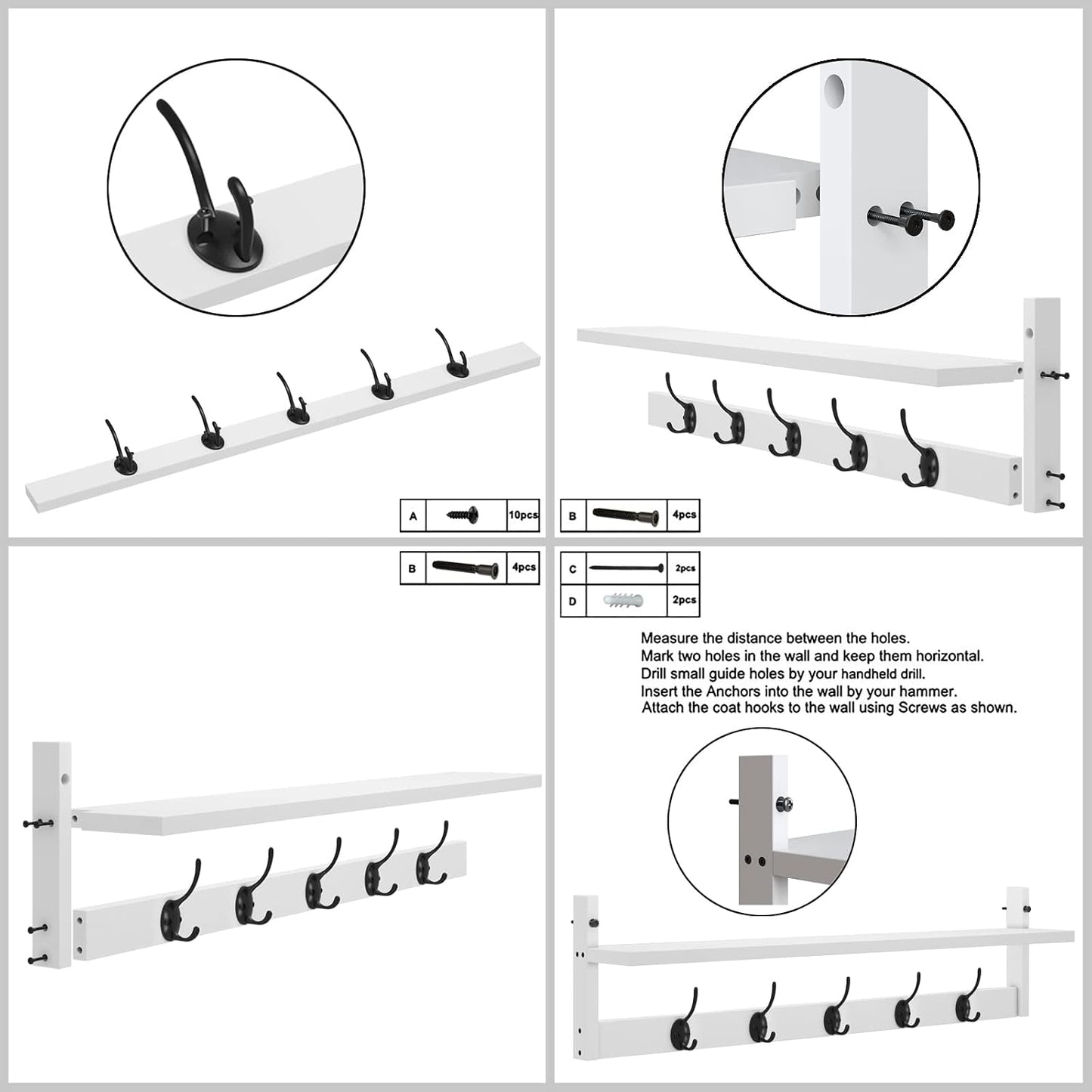 AMBIRD Wall Hooks with Shelf | Entryway Hanging Wood Coat Hooks | Wall-Mounted Rack with 5 Dual Hooks | Bathroom