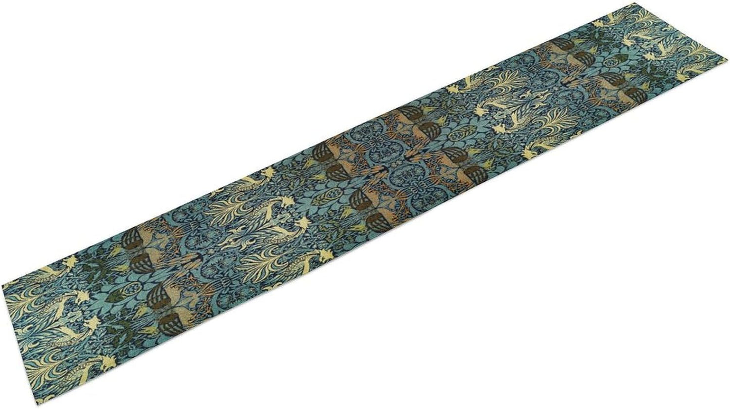 William Morris Peacock Dragon Table Runner, Vintage Flowers Boho Botanical Flowers Birds Printed Linen Table Runner for