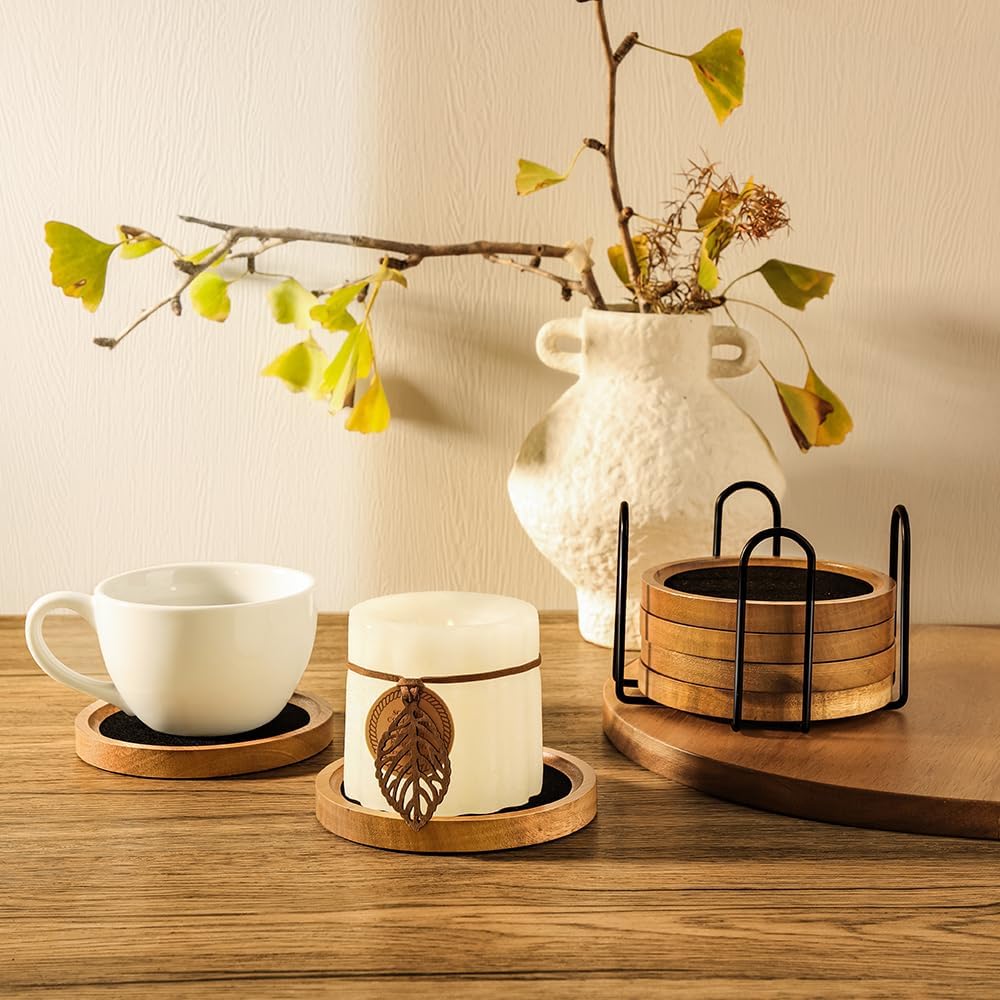Holder / Wood Coasters for Drinks Absorbent / Black / 3.93 Inch