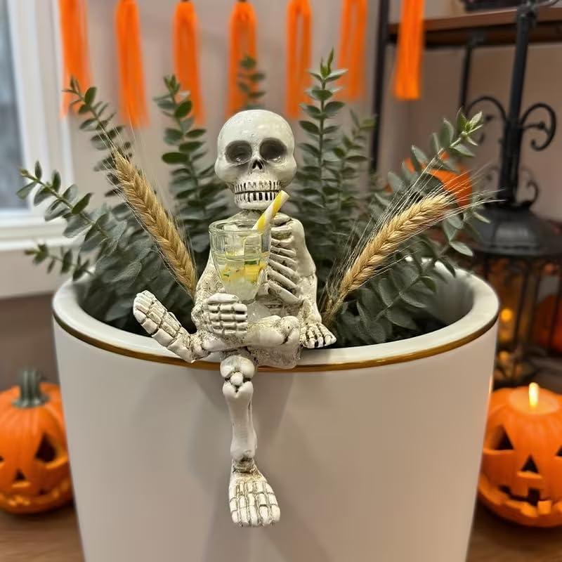 Halloween Skeleton Flowerpot Decoration, Weather Resistant Resin Garden Statue (Yellow Cup)