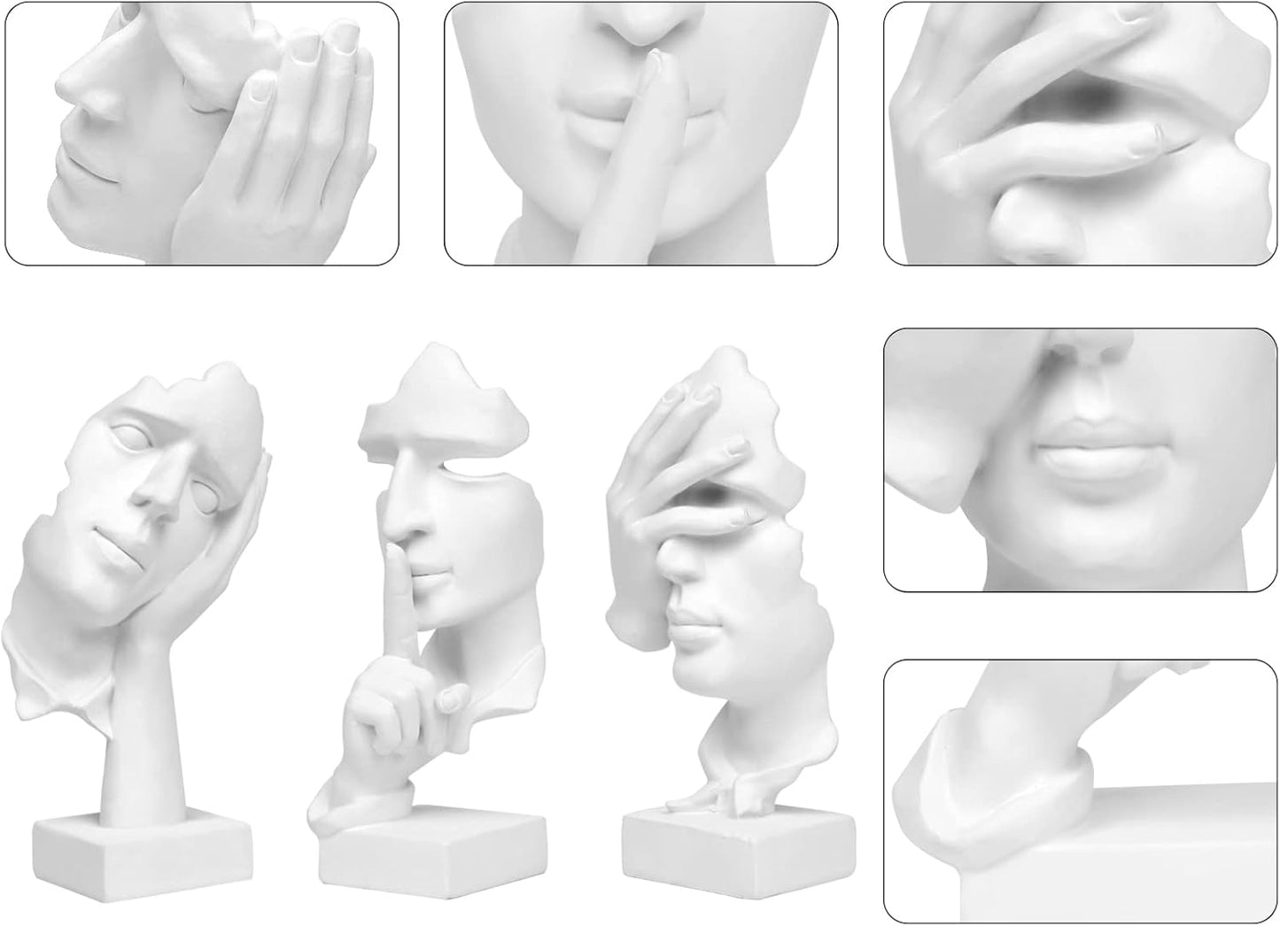Thinker Statue / Silence is Gold Abstract Art Figurine / White / Set of 3
