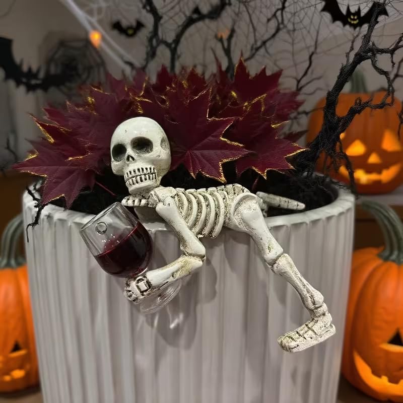 Halloween Skeleton Flowerpot Decoration, Weather Resistant Resin Garden Statue (Red Cup)