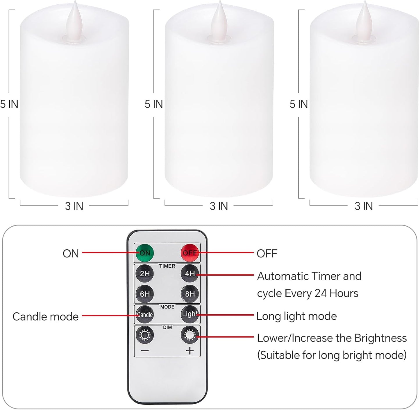3PCS, 3 x 5 inches Flameless Candle with Remote Control, 3D Flickering Wick, Real Wax Pillar LED Candles, Battery