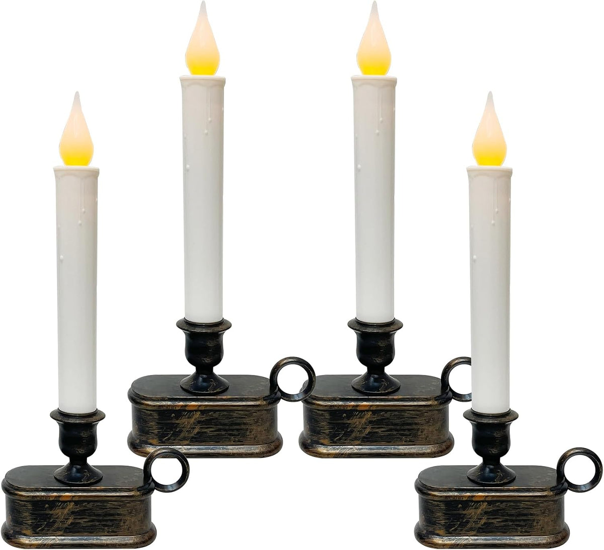 GOOTHY Set of 4 Battery Operated LED Window Candles, Dusk to Dawn Light Sensor, Flicker Flame Christmas Window Candles with Bronze Base, 10 Inch Flameless Taper Candle for Table Bedroom Christmas