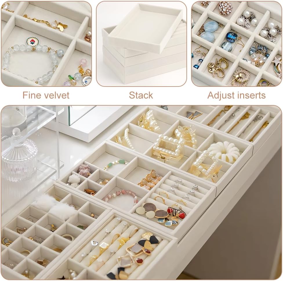 Jewelry Organizer Tray Drawer Inserts Stackable Velvet Liner Dividers / Beige / Set of 10