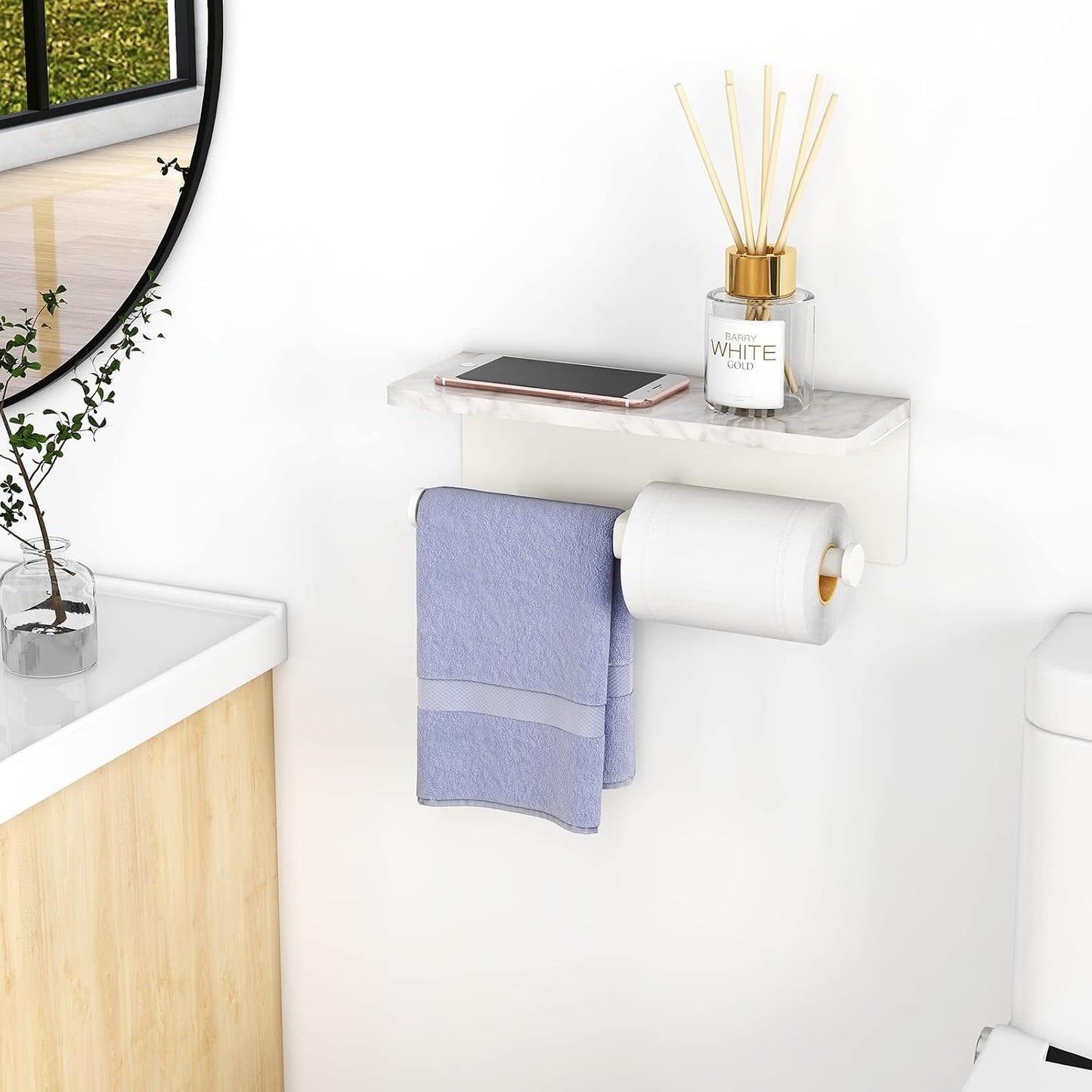 Gypie Double Toilet Paper Holder, Toilet Paper Wall Mount, White Marble | Toilet Paper Holder with Shelf, Stainless