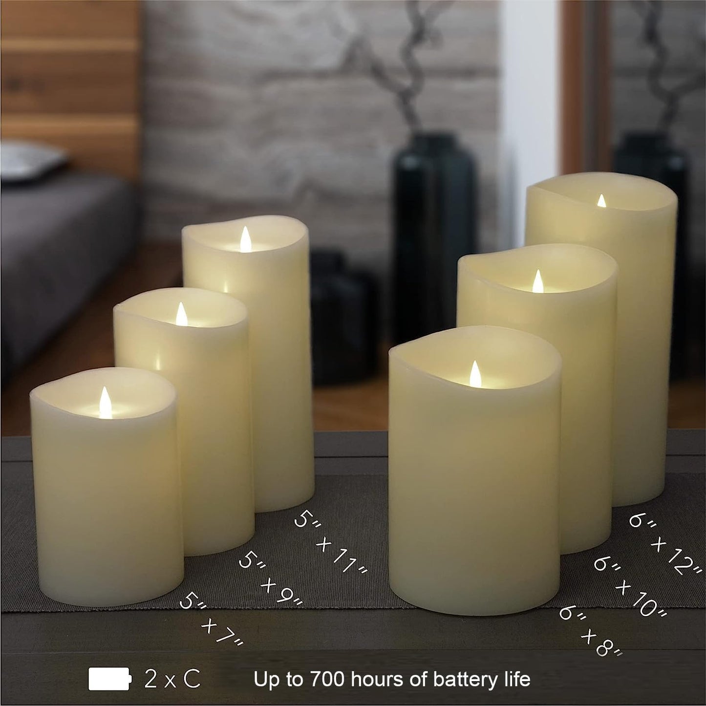 Flameless Candle - 6"x 8"Ivory - Flickering Moving Flame Pillar Candle, Includes Remote Control - Real Wax - 2 x C