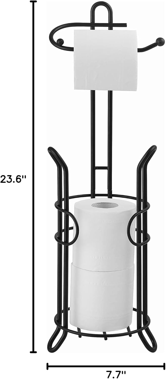 SunnyPoint Freestanding Toilet Paper Holder with Storage – Holds 3 Spare Rolls, Heavy-Duty Steel, Black Finish, Easy