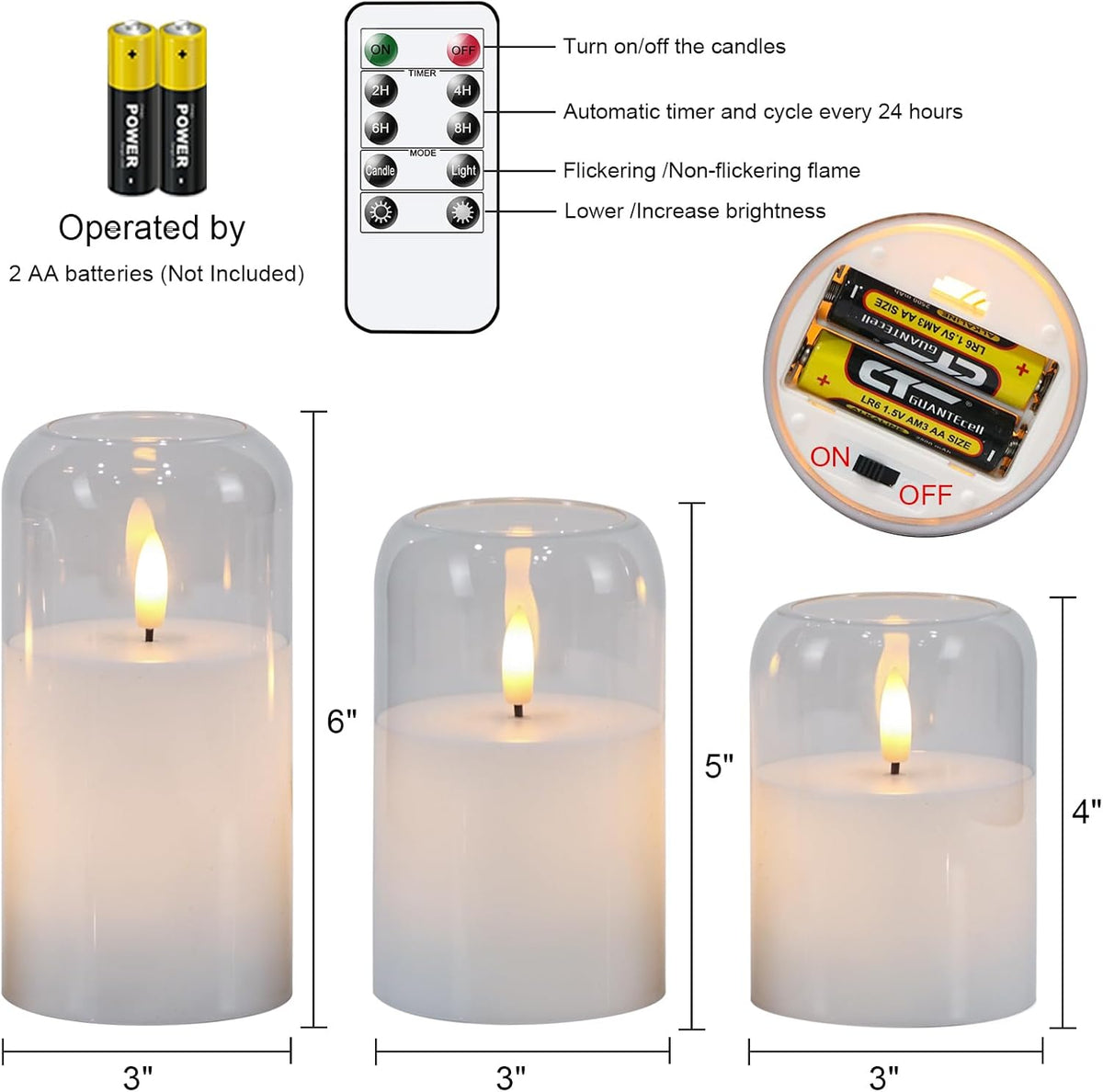 GenSwin Clear Glass LED Flameless Candles with Remote Timer | Battery Operated Candles with Flickering, Real Wax Pillar