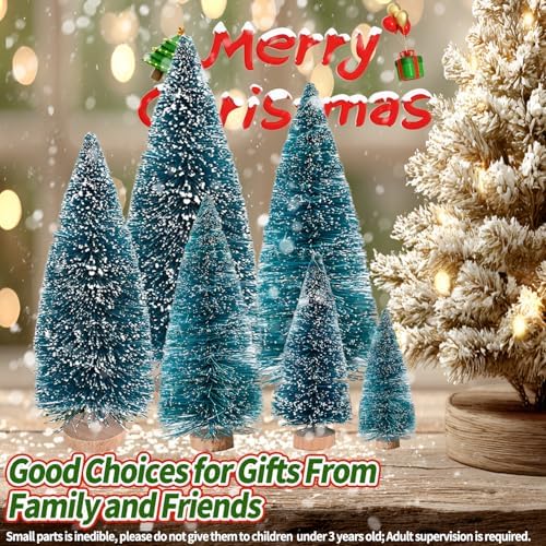 Yahpetes Christmas Trees 10 Pcs Bottle Brush Christmas Trees 5 Size Artificial Christmas Sisal Snow Frost Trees Pine Trees with Wood Base for Tabletop Christmas Party Home Indoor Decor (Blue Green)