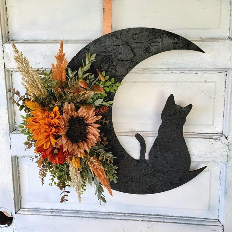 Halloween Wreath, Cat Moon Decor, Fall Door Hanger