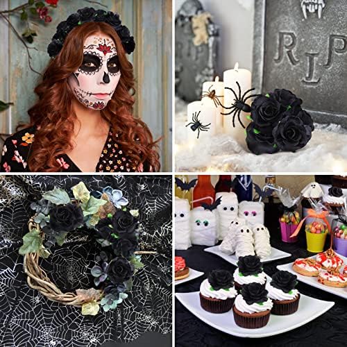 Kesote 50pcs Black Roses Artificial Flowers, 1.6" Small Silk Fake Roses