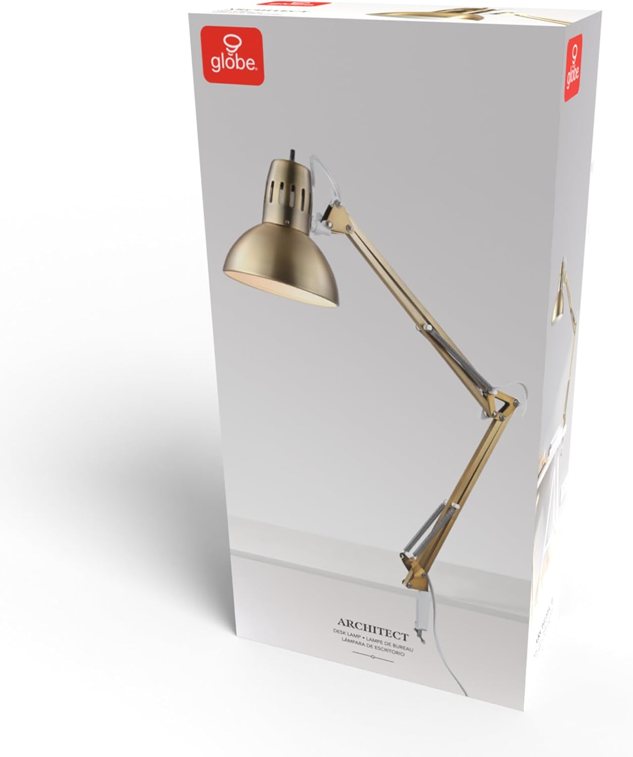 Globe Electric 62000010 32" Multi-Joint Desk Lamp with Metal Clamp, Matte Brass, White Accents, On/Off Rotary Switch on