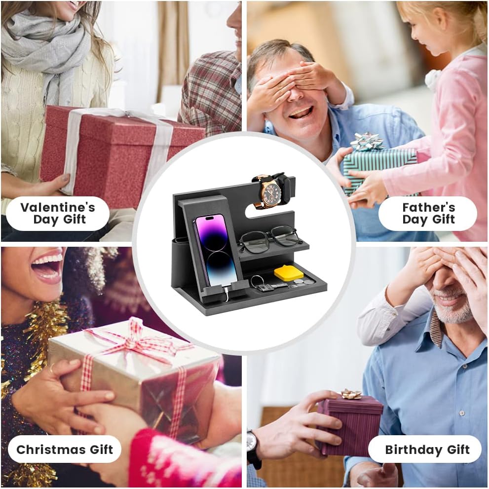 Wood Phone Docking Station - Gifts for Men Desk or Nightstand Organizer - Birthday Gifts for Husband, Fathers Day for