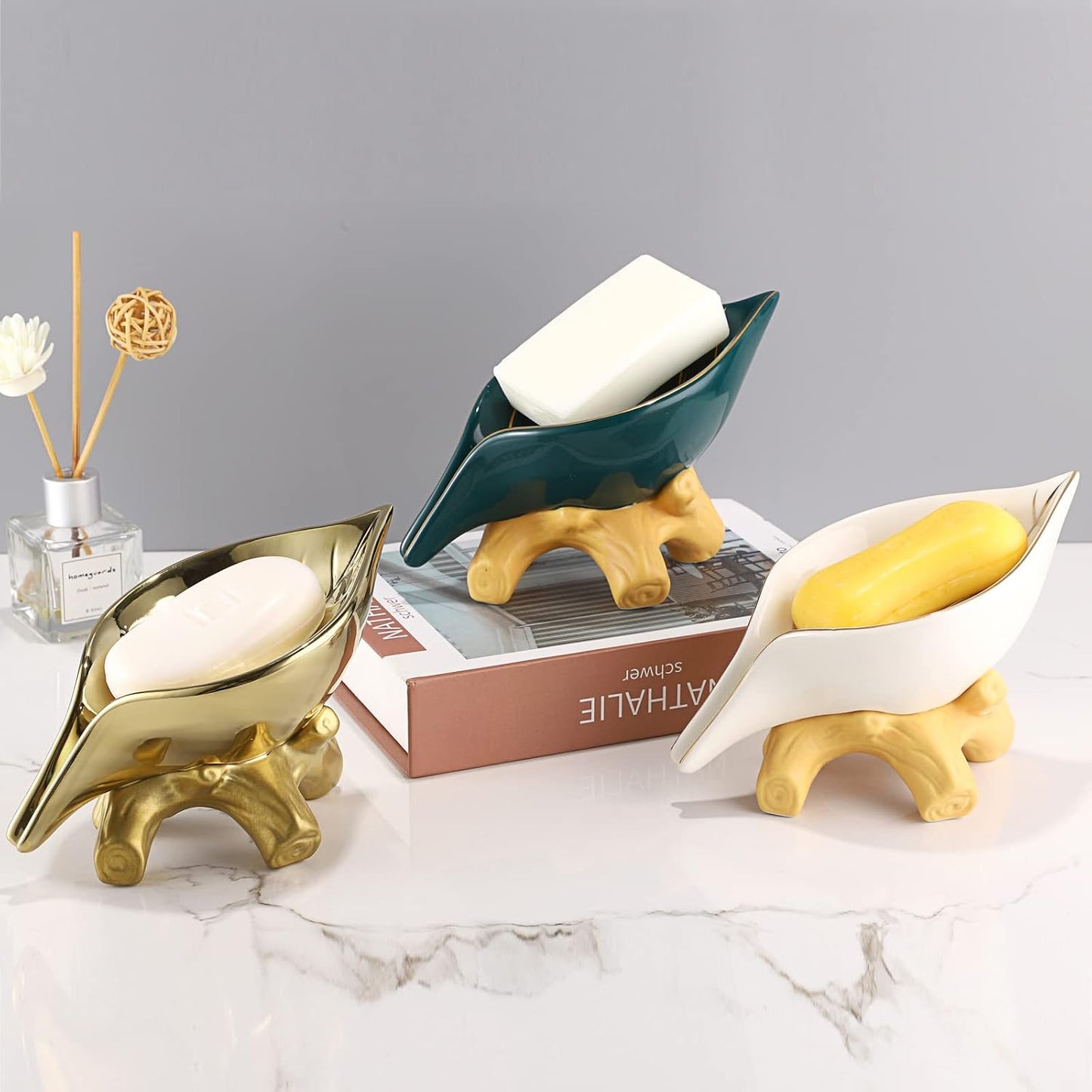 Ceramic Soap Dish Holder Self Draining / Green