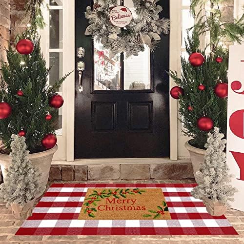 Christmas Red and White Plaid Rug, 3' x 5' Cotton Hand-Woven Layered Door Mat for Front Porch, Entryway, Outdoor Holiday Decor, Washable Buffalo Check Rug for Home, Patio, Kitchen