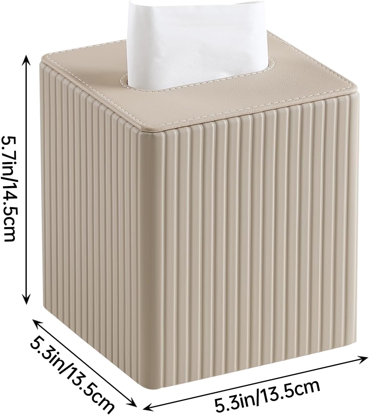 PU Leather Tissue Box Cover Square Tissue Box Holder / Beige Fluted