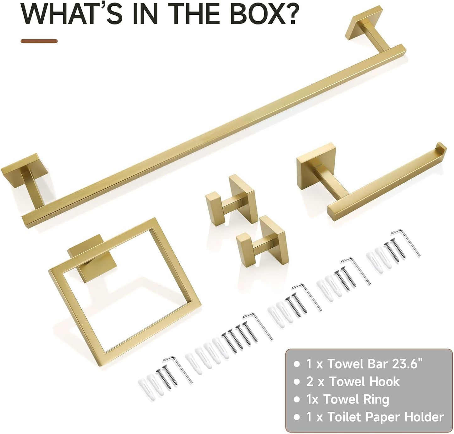 TQKAG 5 Piece Brushed Gold Bathroom Accessories 23.6" Bathroom Hardware Set | SUS304 Stainless Steel, Towel Bar Set