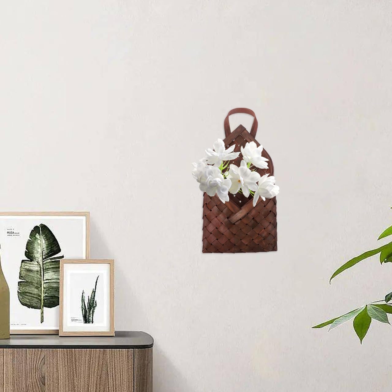 Rustic Wood Woven Hanging Basket In Wall Storage Organizer for Flowers Kitchen / 12.20 x 6.69 x 2.55