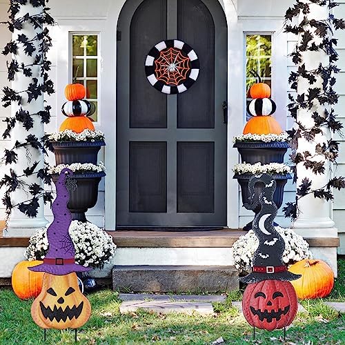YEAHOME Halloween Decorations Outdoor, Set of 2 Pumpkin Garden Stakes with Witch Hats for Halloween Decor, Jack o' Lantern Metal Pumpkin Yard Signs for Outside Garden Lawn Patio Party Decorations