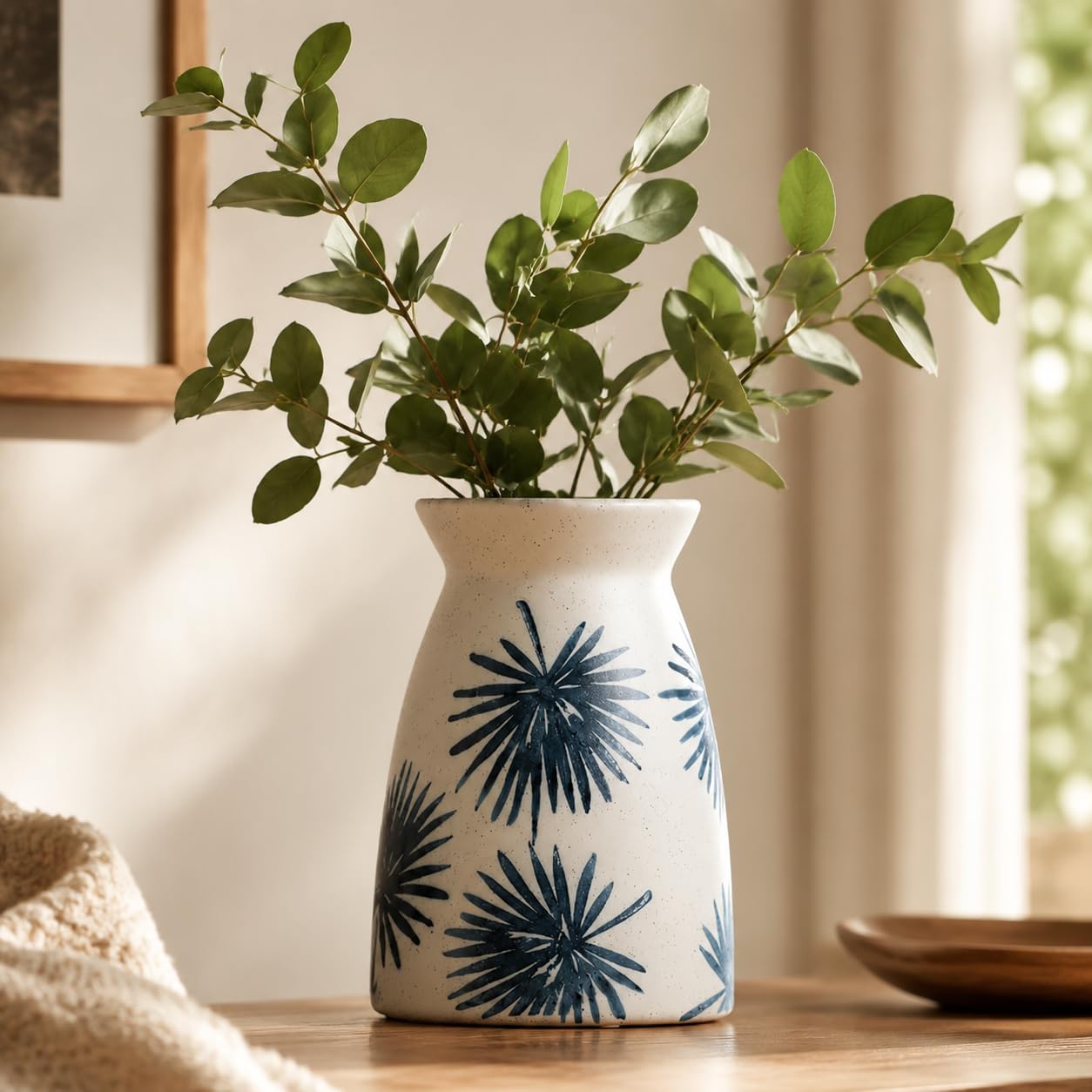 Modern Vases / White Flower Vase- Ceramic Vase for Decor / Teal White-7inch