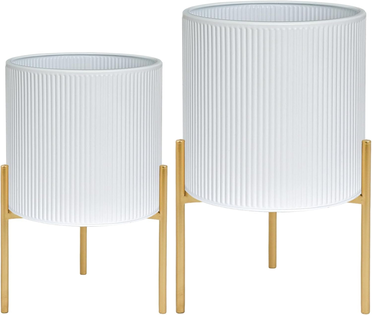 ARNIS Modern Plant Pots, Set of 2 Round Large Planters with Stand, Large Size Metal Pots with Drainage Holes for Living