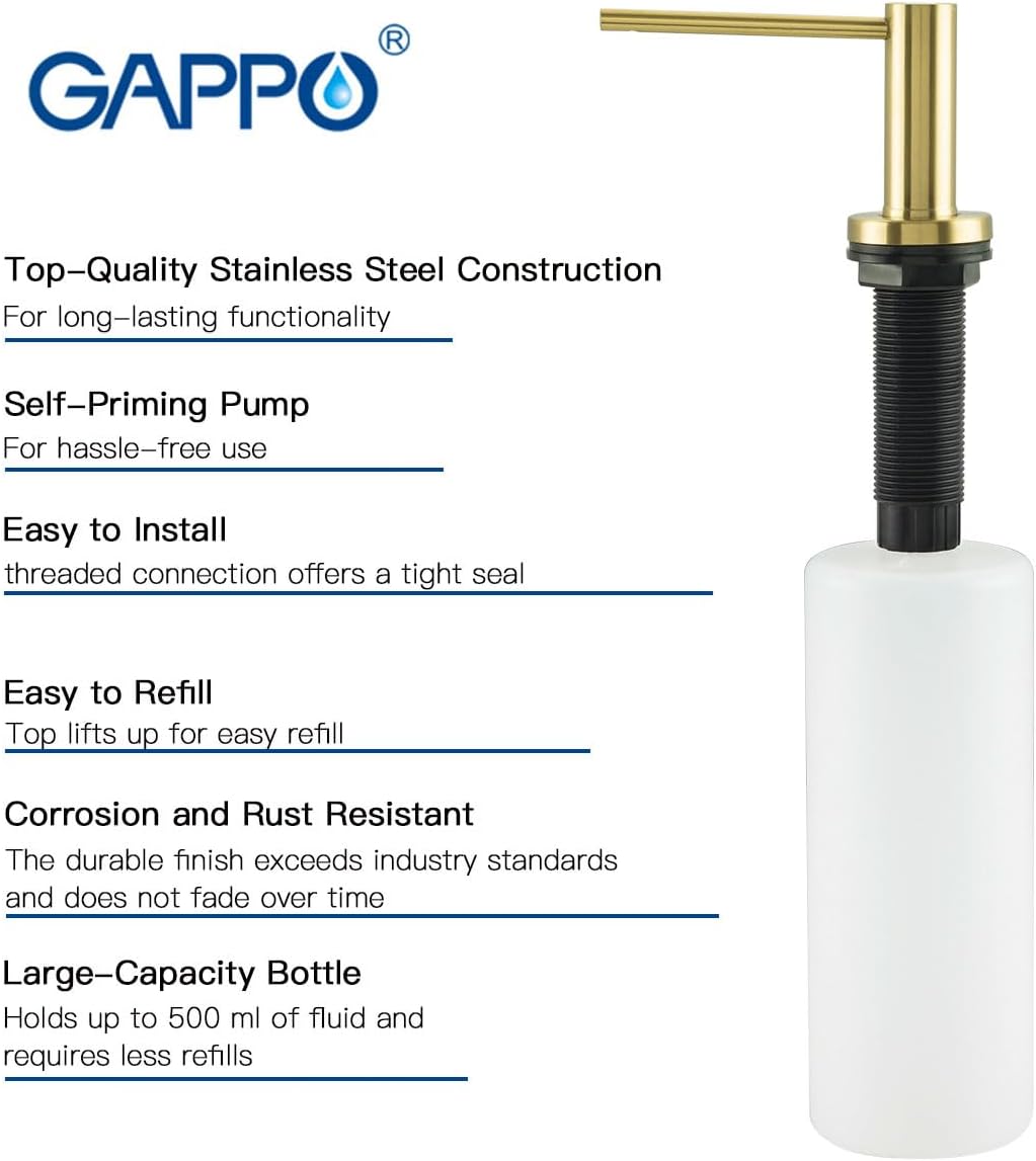 Kitchen Sink Soap Dispenser Champagne Gold Stainless Steel GAPPO Countertop Pump Hand Lotion Built in Bottle