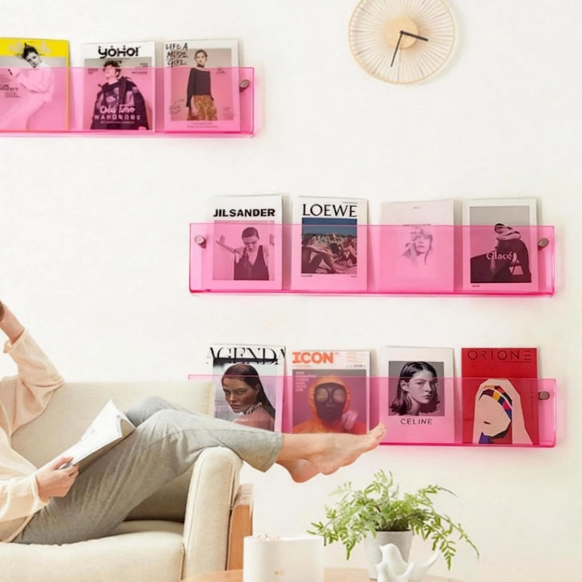 ROYALITA 2-Pack Acrylic Magazine Holder Brochure Holder, Pink 36 Inch | Record Magazine Rack, Fashion Floating