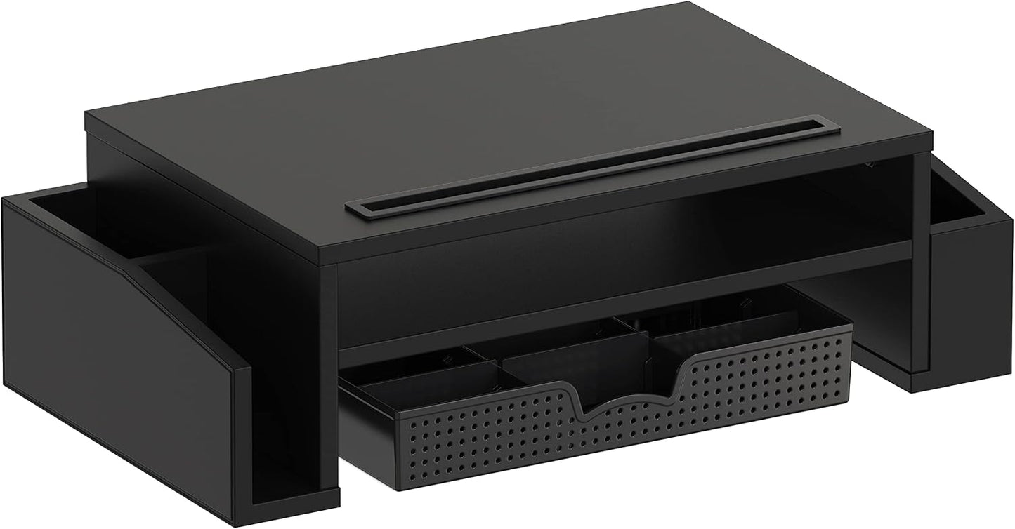 Simple Houseware Desk Monitor Stand Riser w/ Adjustable Tray, Black | Built-In Tablet Slot and Side Storage