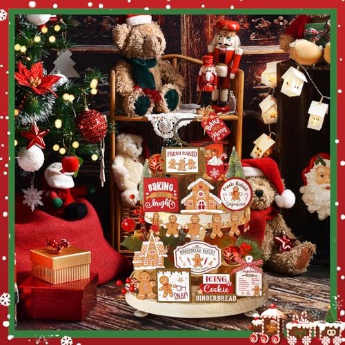 Funnymoom 17 Pcs Christmas Tiered Tray Decor Gingerbread Man Tray Decor Set
