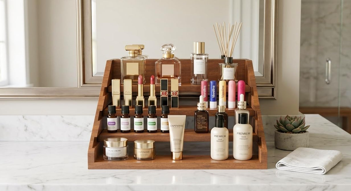 Solid Wood Spice Rack Organizer for Countertop & Cabinet, 4 Tier Adjustable Wooden Spice Shelf with Sliding Track