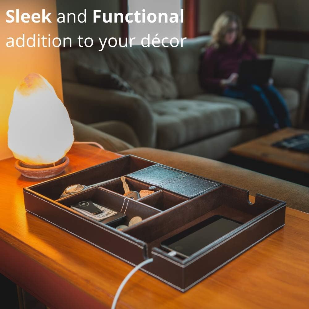 ULTRAY Nightstand Organizer, Valet Tray for Men and Women, EDC Tray, Dresser Top Catchall, Dark Brown Faux Leather, 6