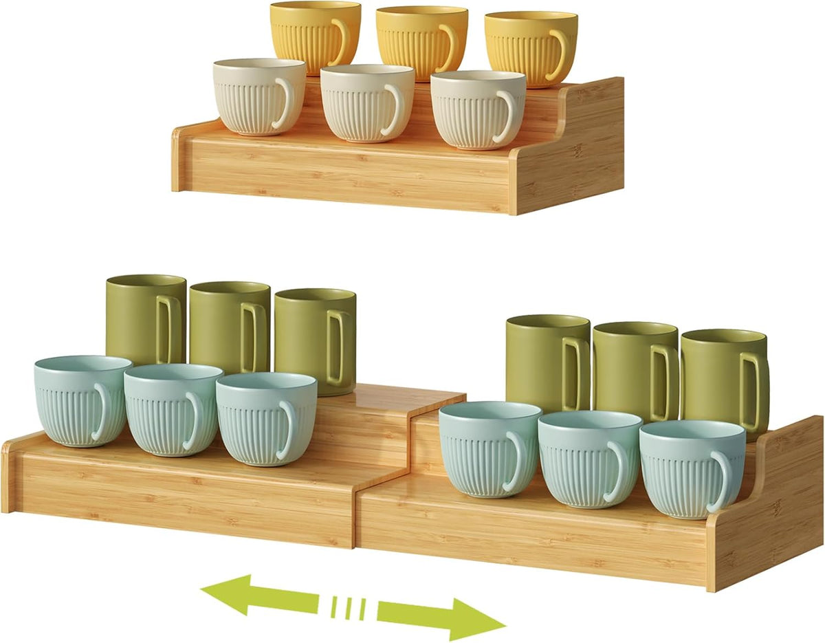 Hongtamoya 2-Tier Expandable Bamboo Mug Holder Coffee Mug Rack Organizer for Countertop, Multi-Functional Mug Display