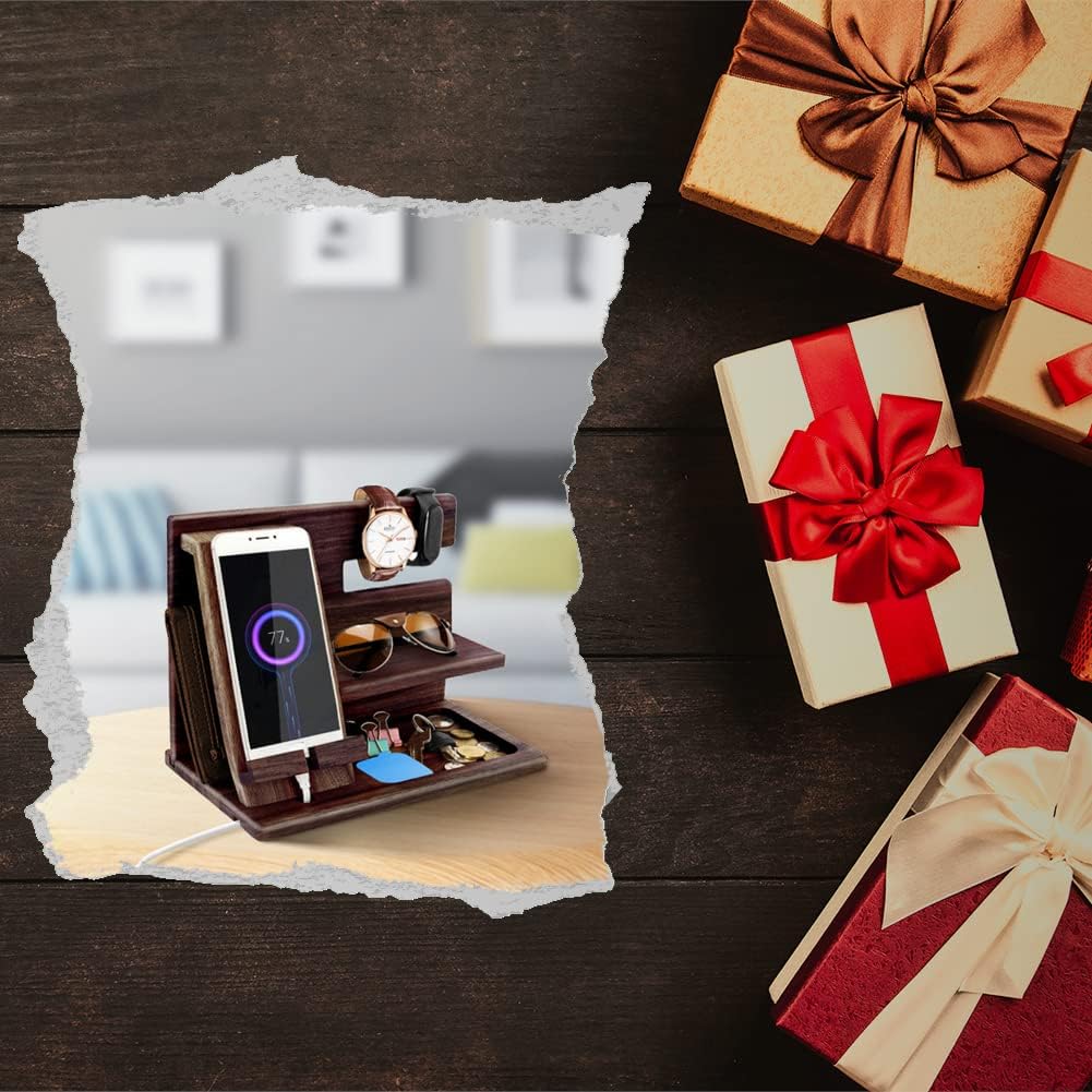 Gifts for Men Bedside Organiser Wood Phone Docking Station Dad Birthday Gifts for Him Nightstand Key Wallet Watch Stand