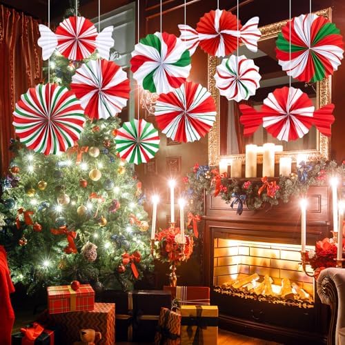 SUNBEAUTY Christmas Hanging Paper Fans Decoration Candy Peppermint Paper Christmas Decoration Candy Party Classroom Decor White and Red Xmas Ceiling Birthday Party Bulletin Board Office Decor