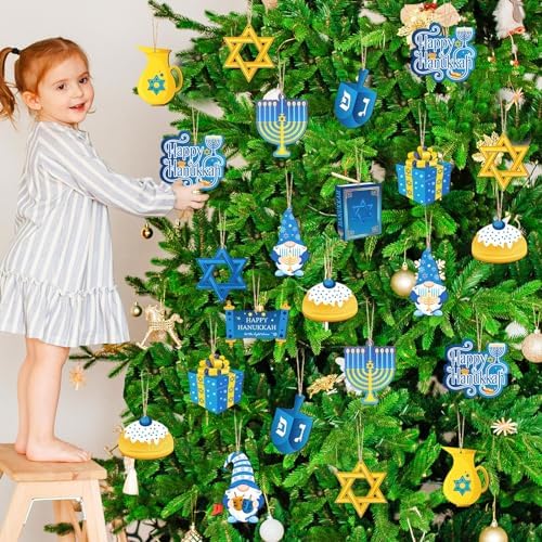 Qunclay 36 Pcs Hanukkah Ornaments Chanukah Wooden Hanging Ornament Star of David Menorah Gnome Happy Hanukkah Wood Pendant Blue Yellow Jewish Home Decorations for Christmas Tree Party Decor
