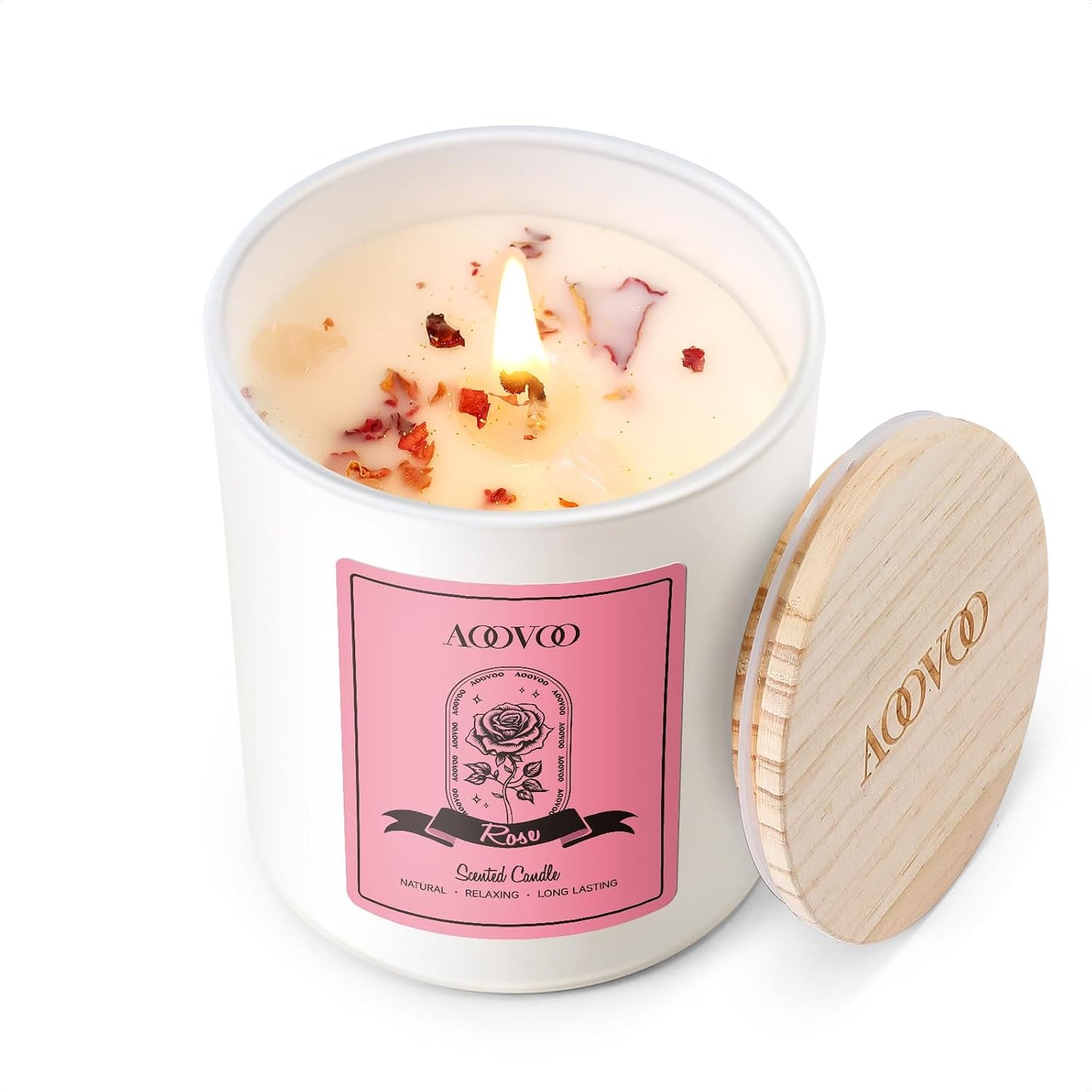 AOOVOO Rose Scented Candles for Women - Aromatherapy Candle with Crystals Inside, 7oz Soy Candles for Home Scented