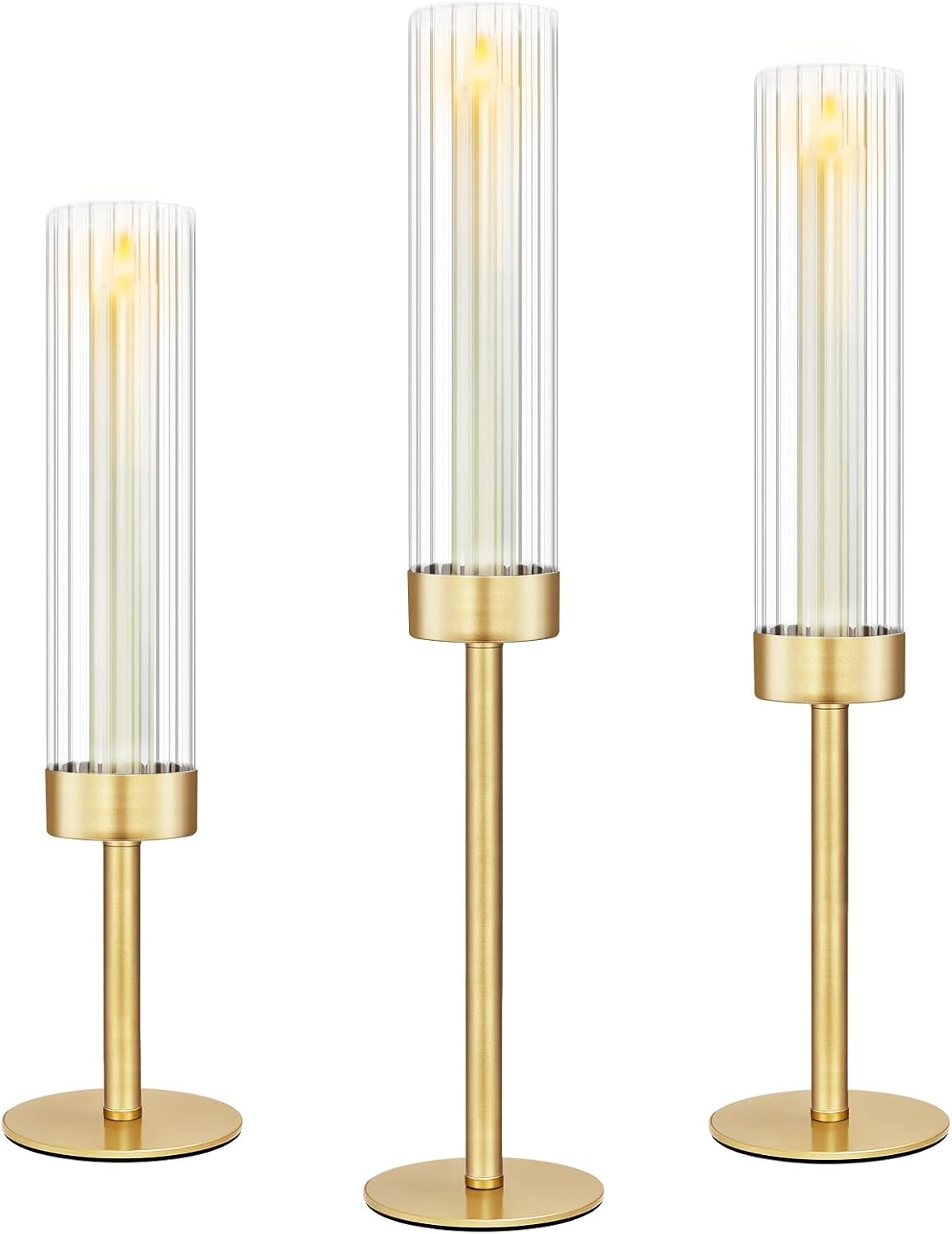 Glass Hurricane Candlestick Holders Gold, KSWING Set of 3 Taper Candle Holders Brass Tall Clear Candle Stand Holders