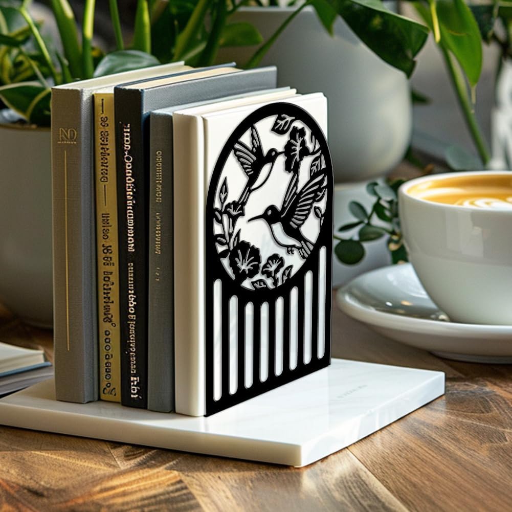 Metal Bookends / Modern Decorative Heavy Duty Study Book Ends Stoppers / Hummingbird and Flower