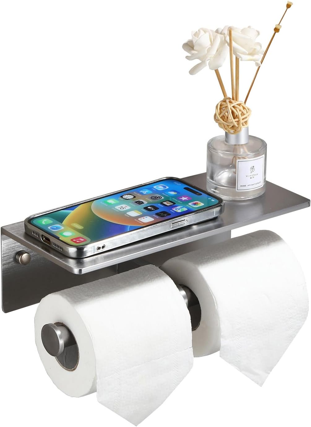 Toilet Paper Holder - Double Rolls Toilet Tissue Holder with Phone Shelf for Bathroom - TP Roll Holder with Wipes