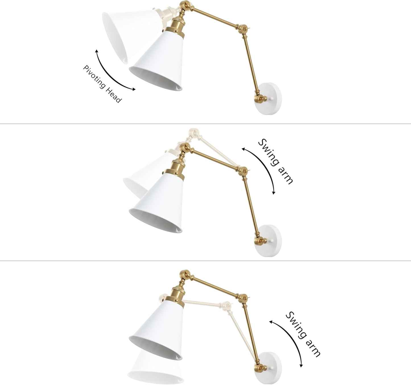 JONATHAN Y Rover 1-Light Wall Sconce 7", White/Brass Gold | Adjustable Arm, Hardwired Bedside Reading Swing Arm
