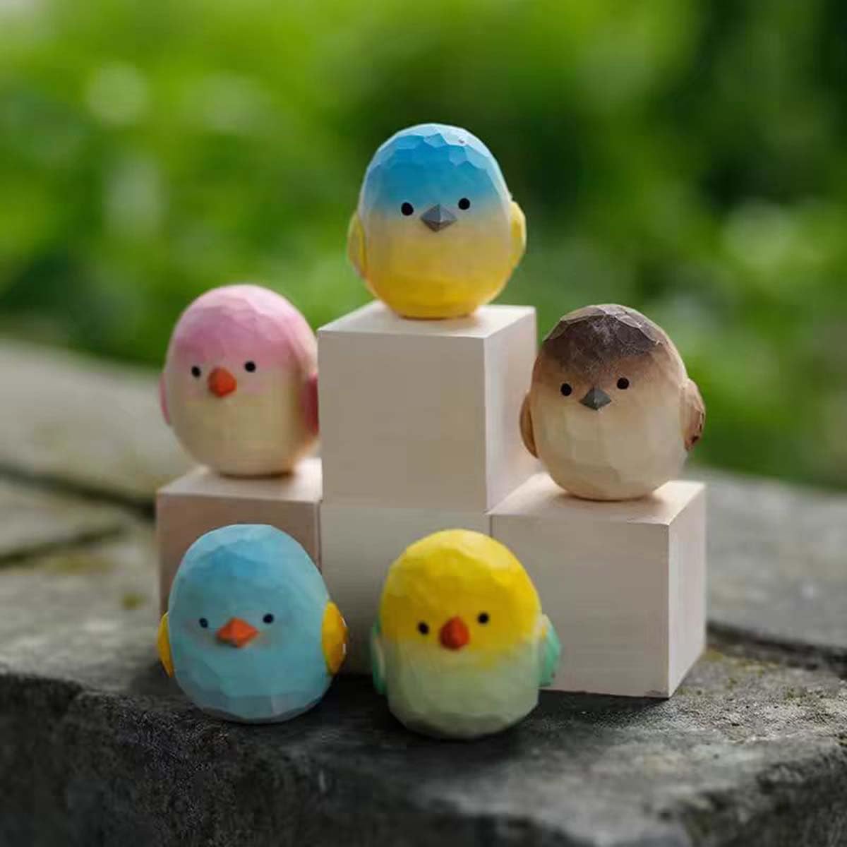 Bird Figurines Small Bird Figurines Home Decor Hand Carved Painted Wooden Statues / Blue and White